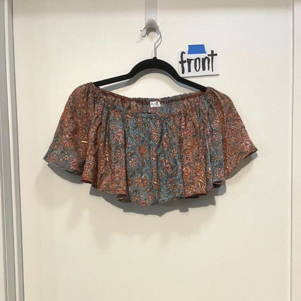 Teal, Pink, Orange, & Gold Floral Ruffled Crop Top - Size M
